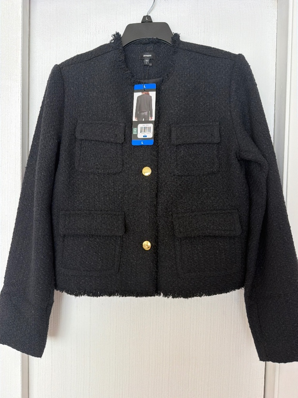 Express Black Tweed Cropped Jacket Gold Buttons Size L NWT